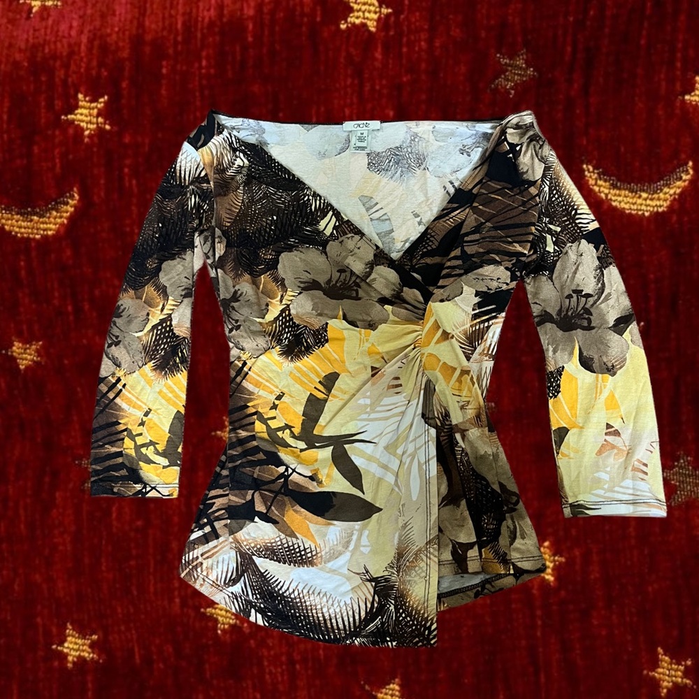 Vintage Cache Black and Gold Asymmetrical Wrap Blouse